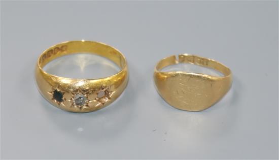 Two 18ct gold rings, (both a.f.), including gem set.